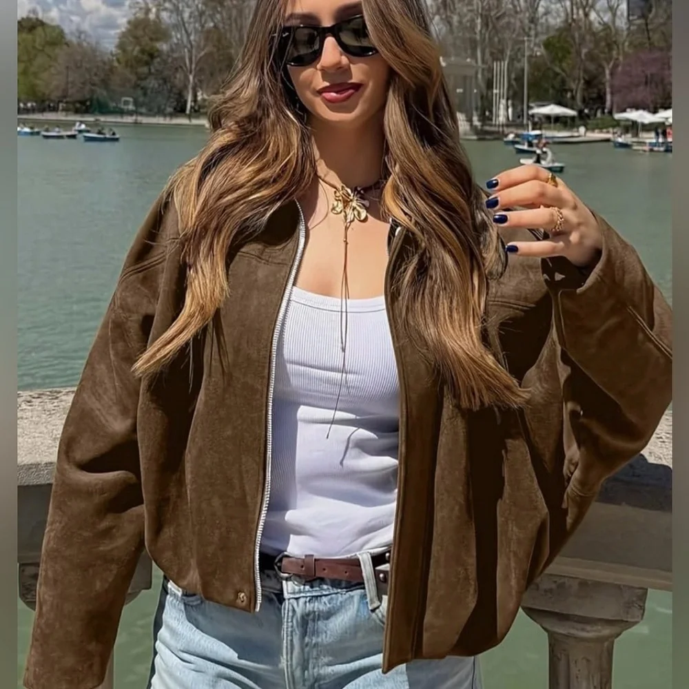 NWT Brown Bomber Jacket - Picture 4 of 11